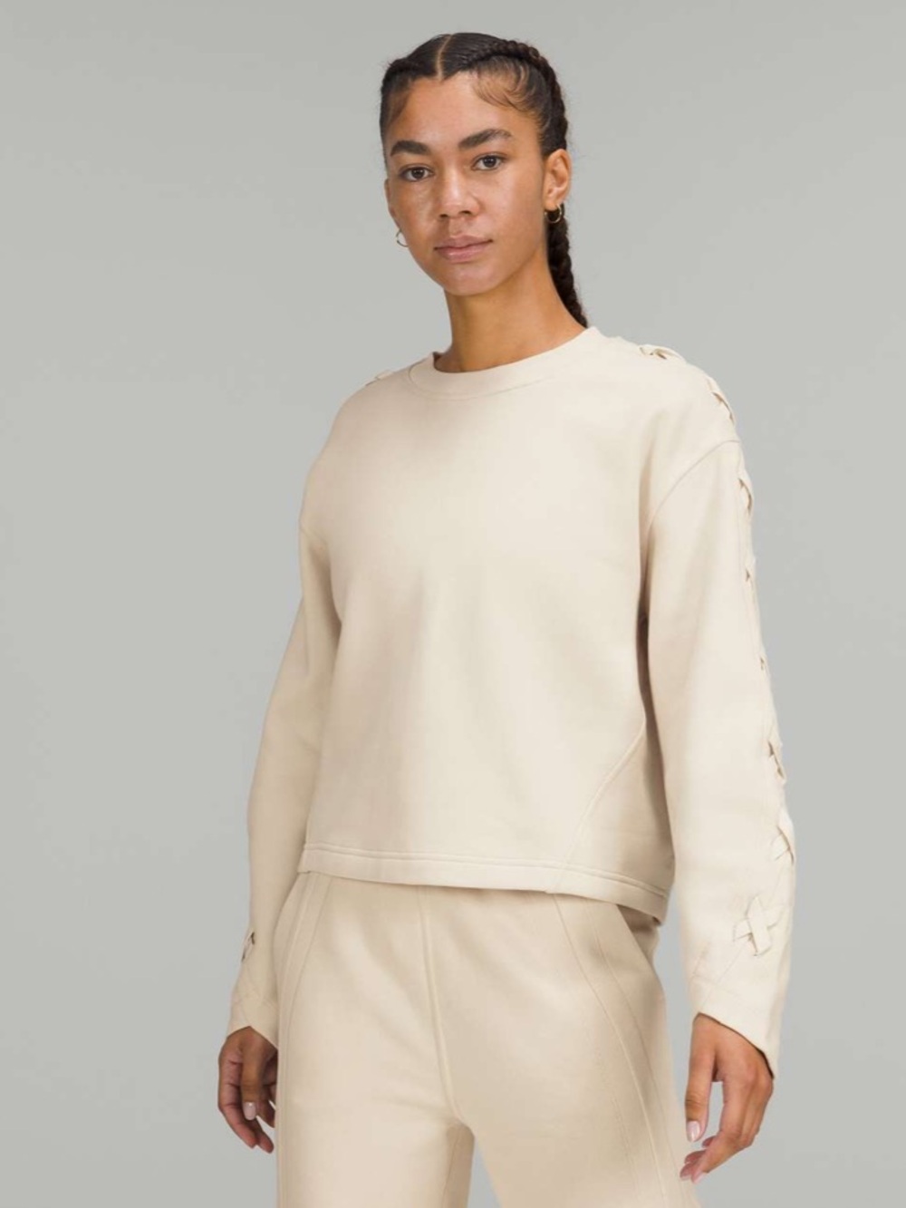 Lululemon‎ Braided Sleeve Pullover Sweatshirt White Opal Cotton Terry M/L